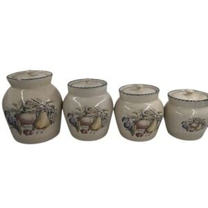 Canister Set 4 Pc Hand Painted‎ Fruit Ceramic Kitchen Jars w/Lids Farmhouse VTG